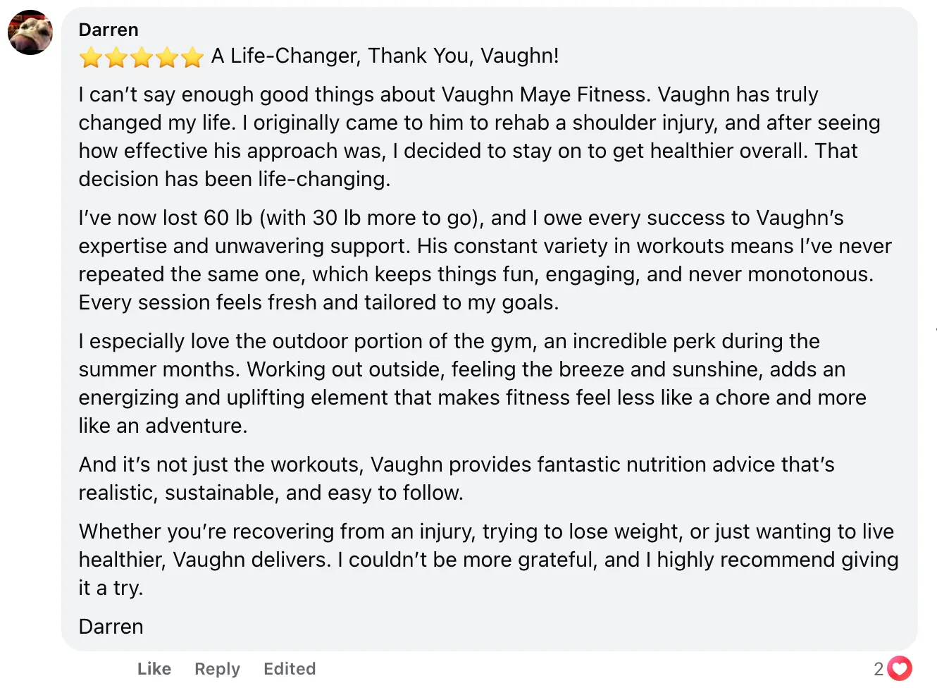 Screenshot of Darren's original Facebook review